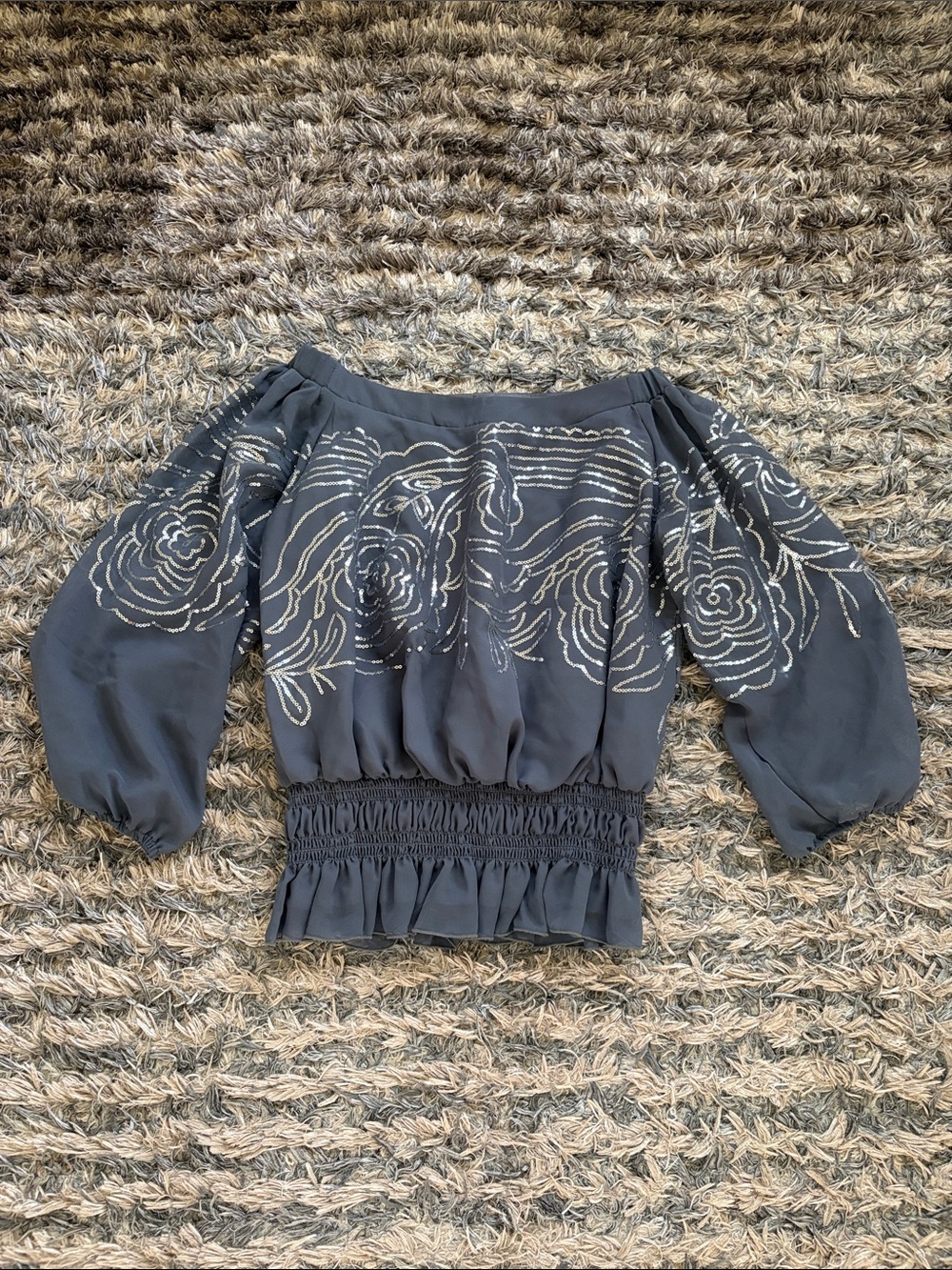 New! Onyx Nite Sequin Embroidered Off Shoulder Smocked Waist Top Charcoal Grey S